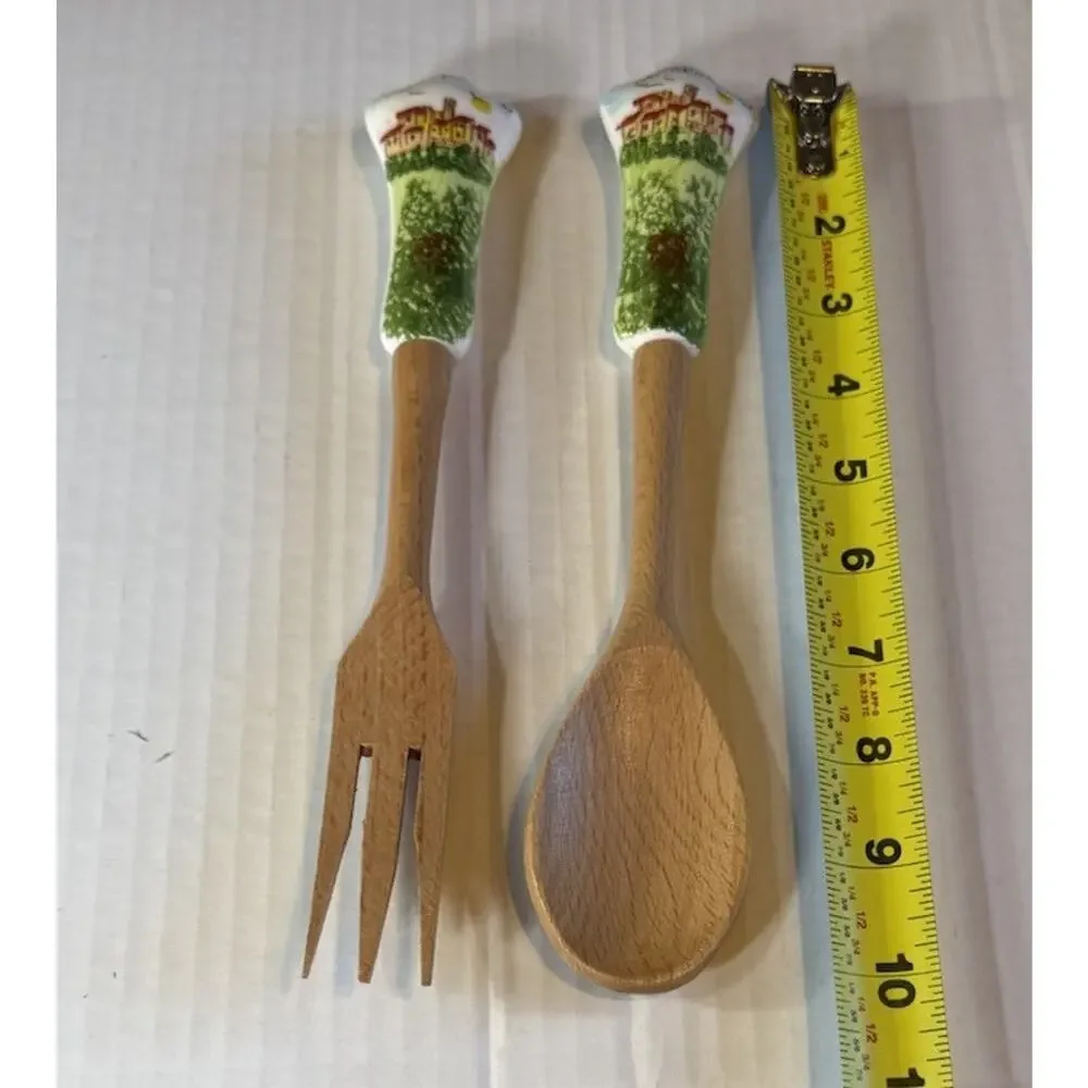 Hand Painted Montepulciano Italy Ceramic & Wood Salad Servers / Tongs Tuscany